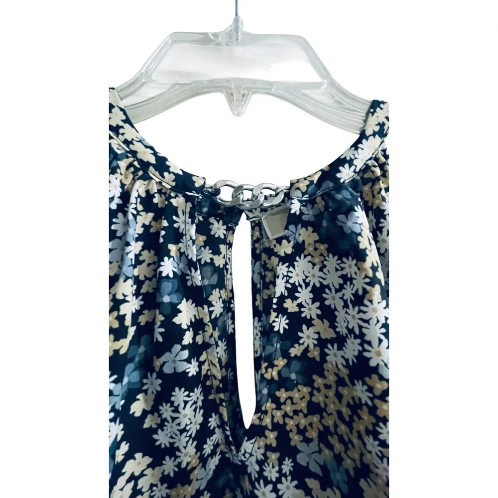 Michael Kors‎ Floral Cold Shoulder Chain Halter Neck Blouse Navy Blue Cream L